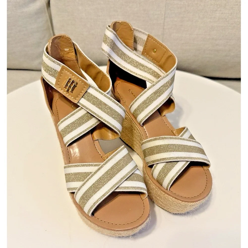 Tommy Hilfiger Shoes Womens 6 Espadrille Sandals Platform Metallic Gold Ivory